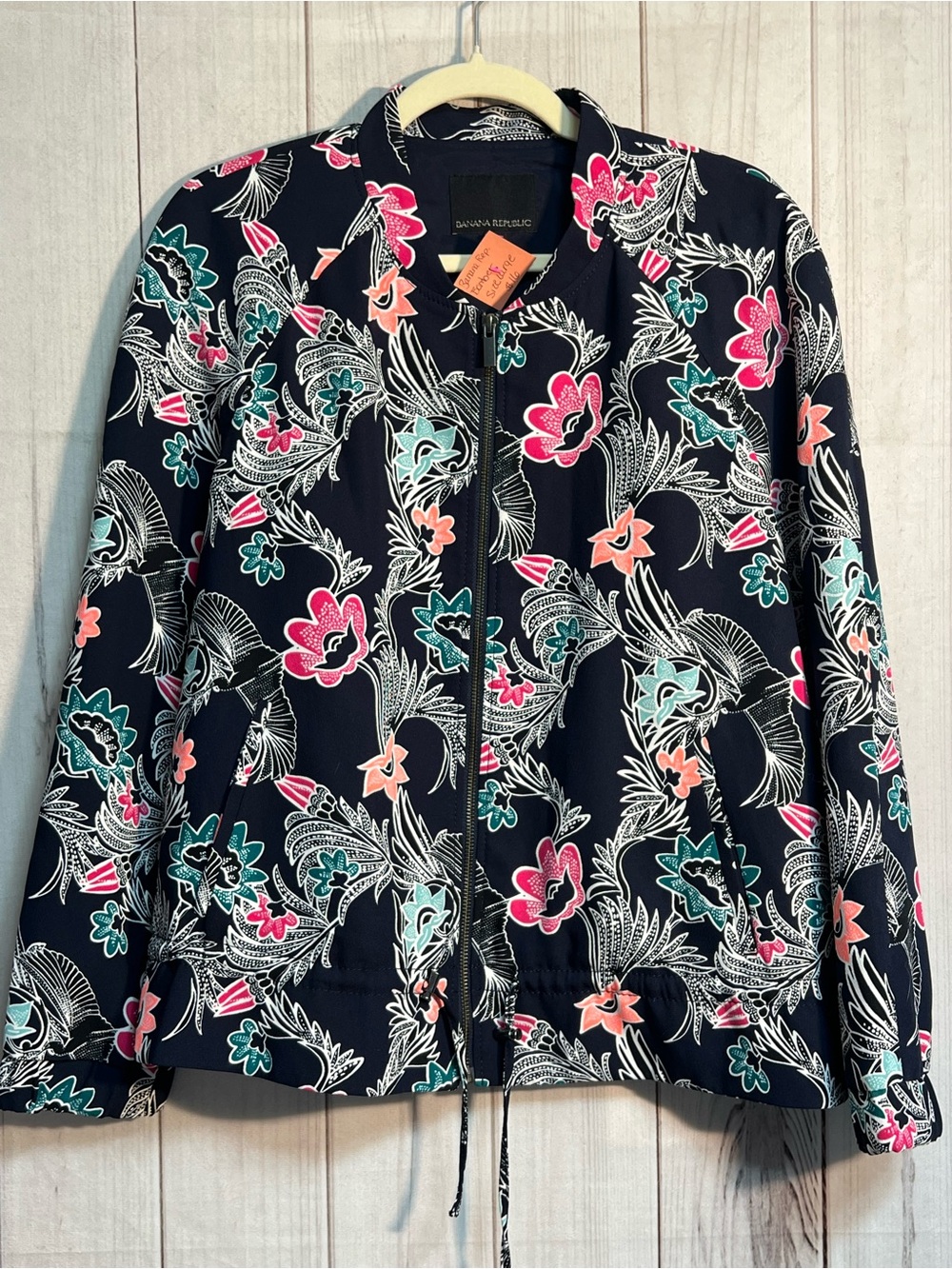 Banana Republic Navy Floral Bomber with Pink & Teal Accents size Small